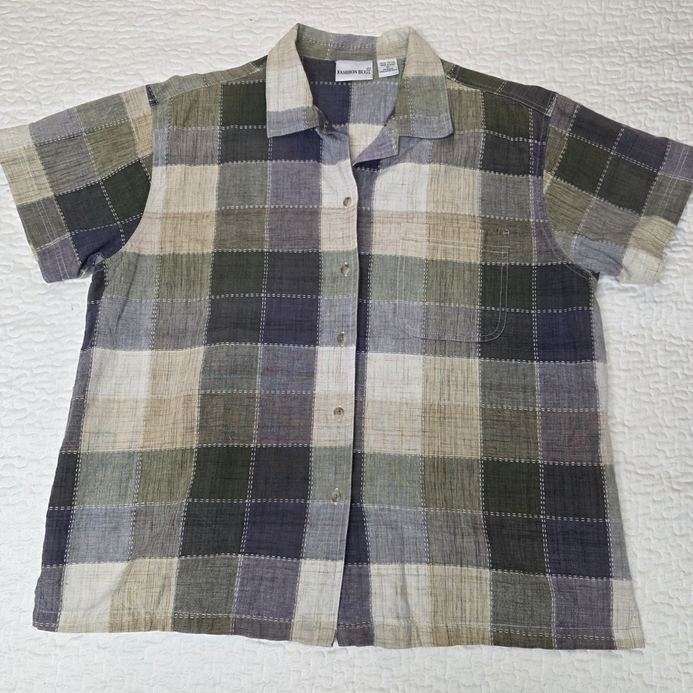 Fashion Bug XL Plaid Short Sleeve‎ Polo  Green Fall 100% Cotton EUC
